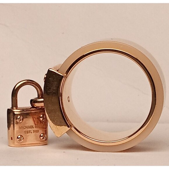 MICHAEL KORS Signed Size6 Padlock Crystal Ring Cityscape Hardware Rose Gold Tone - Picture 5 of 12